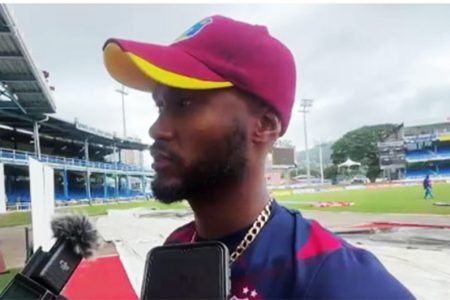 West Indies captain Kraigg Brathwaite speaks to
reporters ahead of the second Test at Queen’s Park Oval. 