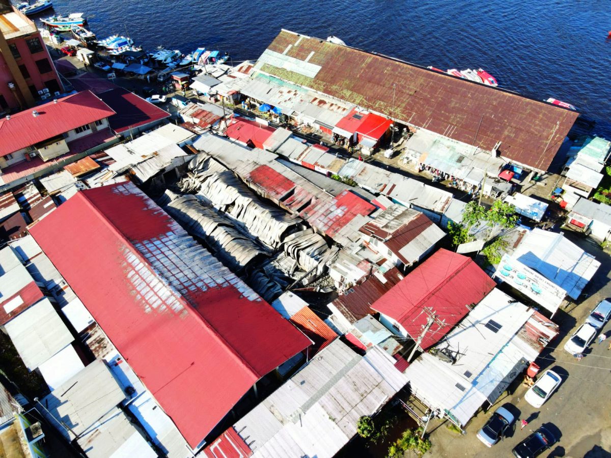 An overhead shot of the central portion of the Charity Market which was wrecked by fire on Thursday evening.