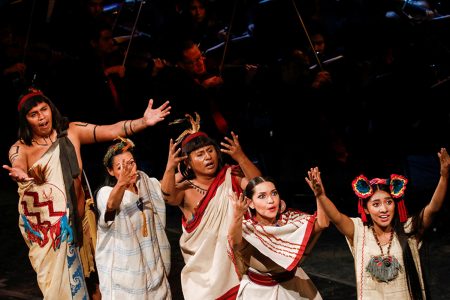 Cast members perform during the Epic Cantata Cuitlahuatzin, a multidisciplinary show in Nahuatl about the life of the Tlahtoani, who commanded the only battle in which the Mexicans defeated the Spanish, in the main hall of the Palace of Bellas Artes, in Mexico City, Mexico. July 17, 2023. REUTERS/Raquel Cunha