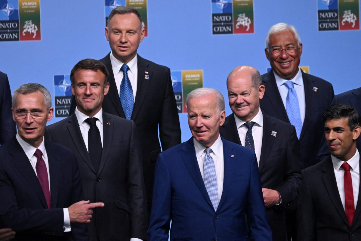 Participants of the NATO Summit including NATO Secretary General Jens Stoltenberg, French President Emmanuel Macron, US President Joe Biden, German Chancellor Olaf Scholz and Britain's Prime Minister Rishi Sunak pose for an official family photo in Vilnius, Lithuania on July 11, 2023. Andrew Caballero-Reynolds/Pool via REUTERS
