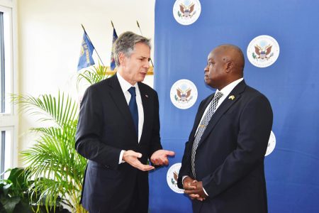 United States Secretary of State Antony Blinken (left) and Opposition Leader Aubrey Norton in yesterday’s meeting at the US Embassy in Georgetown (Office of the Leader of Opposition photo)