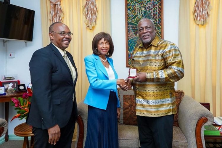 Prime Minister Mark Phillips (right) with Deputy Premier and Minister for Financial Services, Labour and Trade of the British Virgin Islands Lorna Smith, second from right. (Office of the Prime Minister photo)