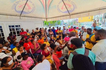 Hillfoot squatters at a meeting at CHPA headquarters on Brickdam on June 2 (CHPA photo)