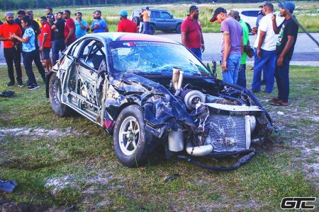 Rameez Mohamed was lucky to escape unhurt after his  car toppled yesterday in practice at the South Dakota Circuit. (GT Callouts photo)