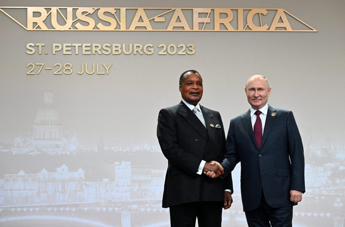 Russian President Vladimir Putin meets President of the Republic of the Congo Denis Sassou Nguesso during Russia-Africa summit in Saint Petersburg, Russia, July 27, 2023. Sputnik/Pavel Bednyakov/Pool via REUTERS