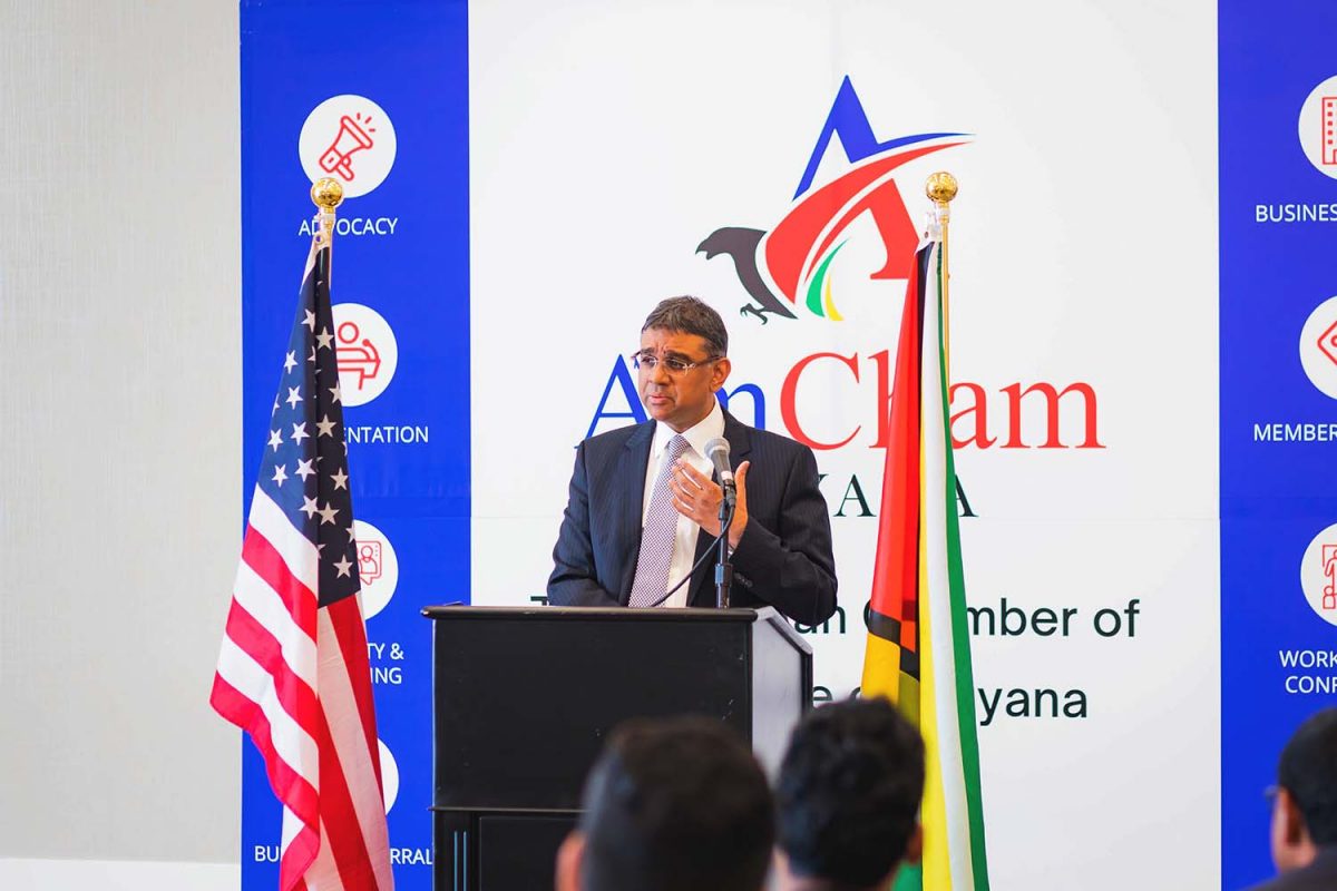 Devendra Kissoon speaking at the meeting (AmCham Guyana photo)
