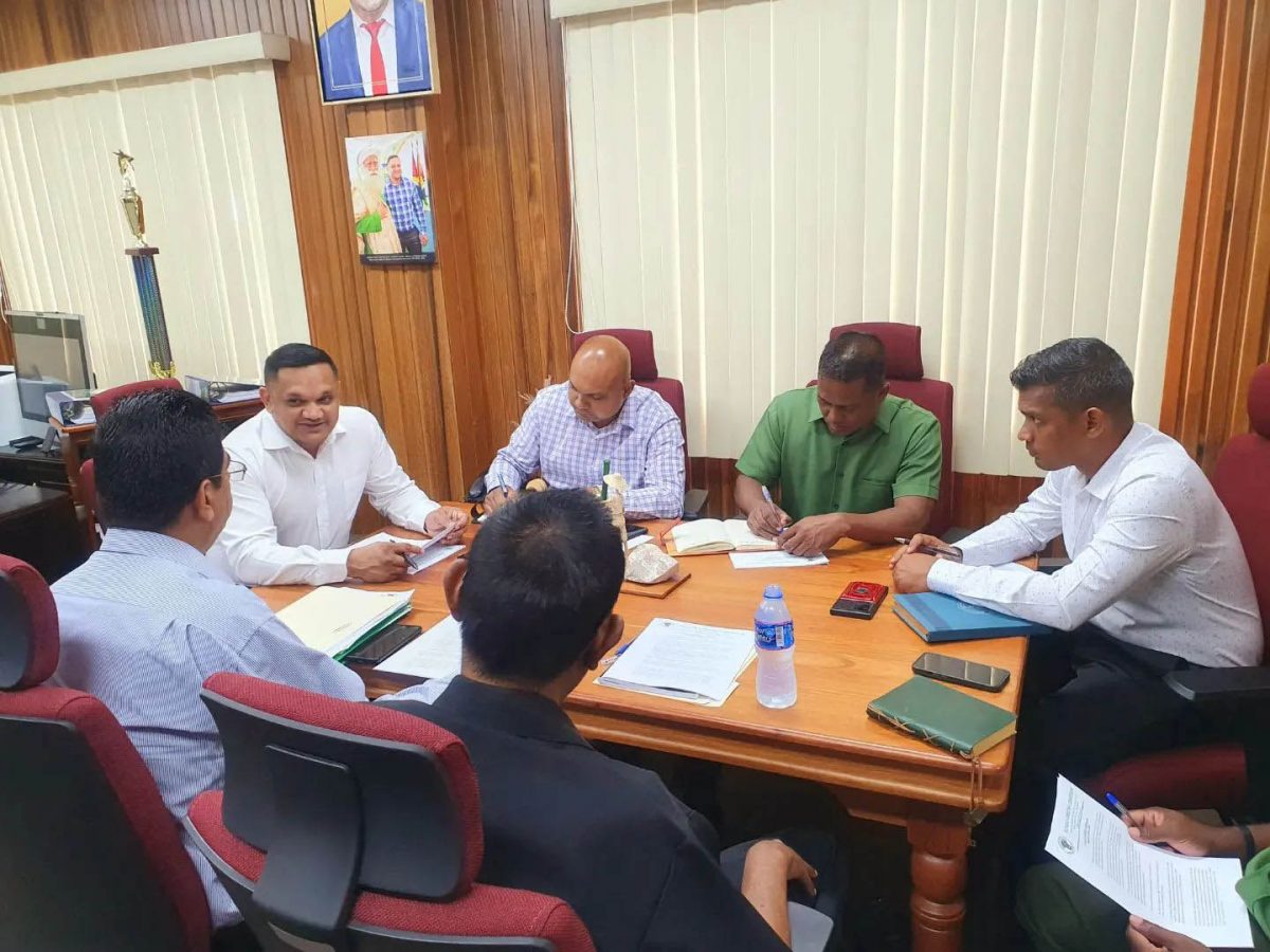 Minister of Natural Resources, Vickram Bharrat and his team of senior staff of the Ministry yesterday met with the management team of the Guyana Forestry Commission.
Also joining a portion of the meeting were Ambassador of the European Union (EU) to Guyana, René van Nes and the Policy Manager with focus on Climate Change,  Layla El Khadraoui, also of the EU.
This meeting facilitated discussions regarding the ongoing progress within the forestry sector with focus on the revolving fund, the Forest Partnership Agreement and the EU FLEGT VPA. 