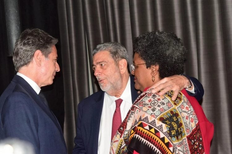 Closing conference: St Vincent and The Grenadines Prime Minister Dr Ralph Gonsalves, centre, speaks to US Secretary of State Antony Blinken and Barbados Prime Minister Mia Mottley during last night’s closing news conference of the 45th Caricom Heads of Government meeting at the Hyatt Regency hotel, Port of Spain. —Photos: JERMAINE CRUICKSHANK