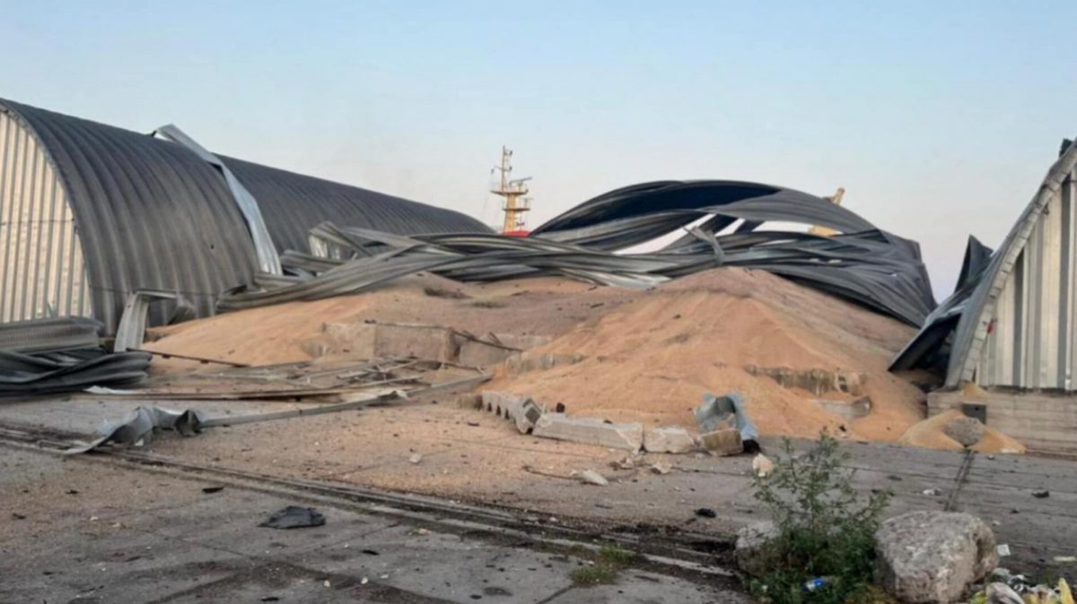 A grain warehouse destroyed by a Russian drone strike is seen in a sea port, amid Russia's attack on Ukraine, in Odesa Region, Ukraine July 24, 2023. Press Service of the the Operational Command South of the Ukrainian Armed Forces/Handout via REUTERS