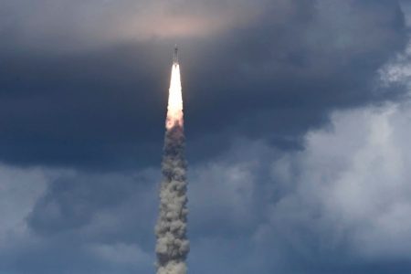 A rocket carrying the Chandrayaan-3 spacecraft lifts off from the Satish Dhawan Space Centre in Sriharikota, India. R. SATISH BABU / AFP - Getty Images