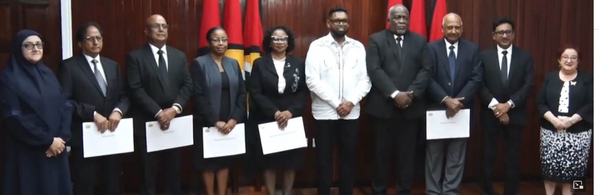 From left are DPP Shalimar Ali-Hack, BS Roy, Manniram Prashad, acting Chief Justice Roxane George, acting Chancellor of the Judiciary Yonette Cummings, President Irfaan Ali, Prime Minister Mark Phillips, retired Chancellor of the Judiciary Carl Singh, Attorney General Anil Nandlall and Minister of Parliamentary Affairs and Governance Gail Teixeira. (Department of Public Information photo)
