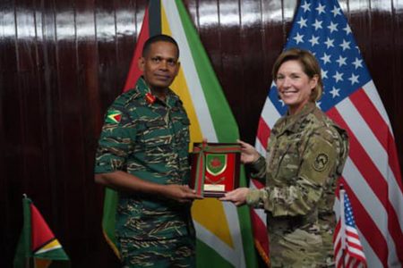 GDF Chief of Staff Omar Khan (left)  and US SOUTHCOM General Laura J Richardson yesterday. (GDF photo)