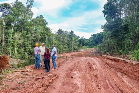 Minister of Public Works, Juan Edghill yesterday morning inspected 13 bridges (3 lots) between Mabura to Kurupukari. These bridges for which contracts are already out will be converted to concrete structures.  (Ministry of Public Works photo)