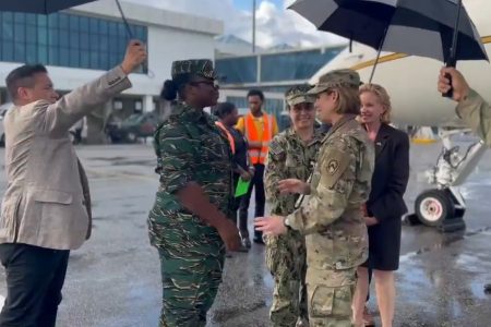 U.S. Southern Command (SOUTHCOM) Commander General Laura J. Richardson  (right) being greeted on her arrival here today.