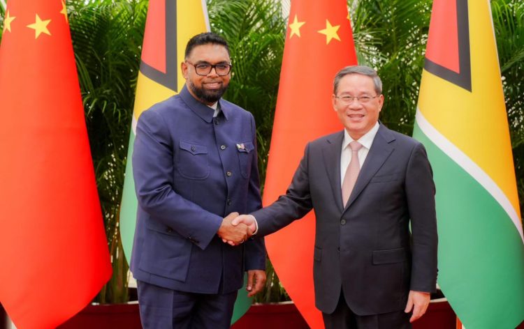 President Irfaan Ali (left) yesterday met with the Premier of the People’s Republic of China, Li Qiang, at the Great Hall of the People in Beijing.
The two leaders discussed several areas of cooperation and committed to strengthening bilateral ties. (Office of the President photo)