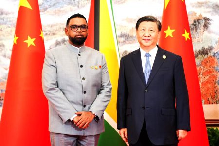 President Irfaan Ali (left), yesterday, met with Xi Jinping, the President of the People’s Republic of China.
A release from the Office of the President said that the meeting took place in Chengdu, capital city of southwest China’s Sichuan Province. President Ali is in China to attend the opening ceremony of the 31st summer edition of the FISU World University Games.
During the meeting, the release said that President Xi stated that China and Guyana should be good friends who trust and count on each other, and both countries should share opportunities, meet challenges, seek cooperation and promote development together.
President Ali, in his remarks, reiterated that Guyana firmly adheres to the one-China principle, noting that China has played an important role in the economic and social development of Guyana and the Caribbean region, not only by sharing its experience but also providing valuable assistance in developing infrastructure, connectivity, healthcare and other areas. (Office of the President photo)
