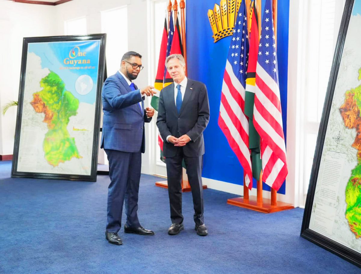 United States Secretary of State,  Antony Blinken (right) with President Irfaan Ali (Office of the President photo)