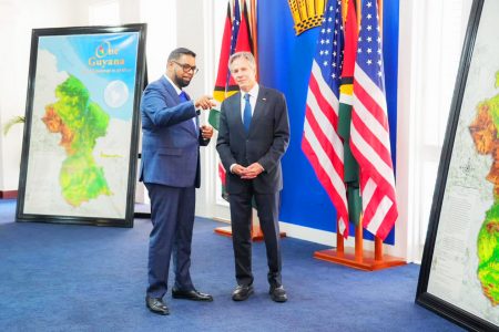 United States Secretary of State,  Antony Blinken (right) with President Irfaan Ali (Office of the President photo)