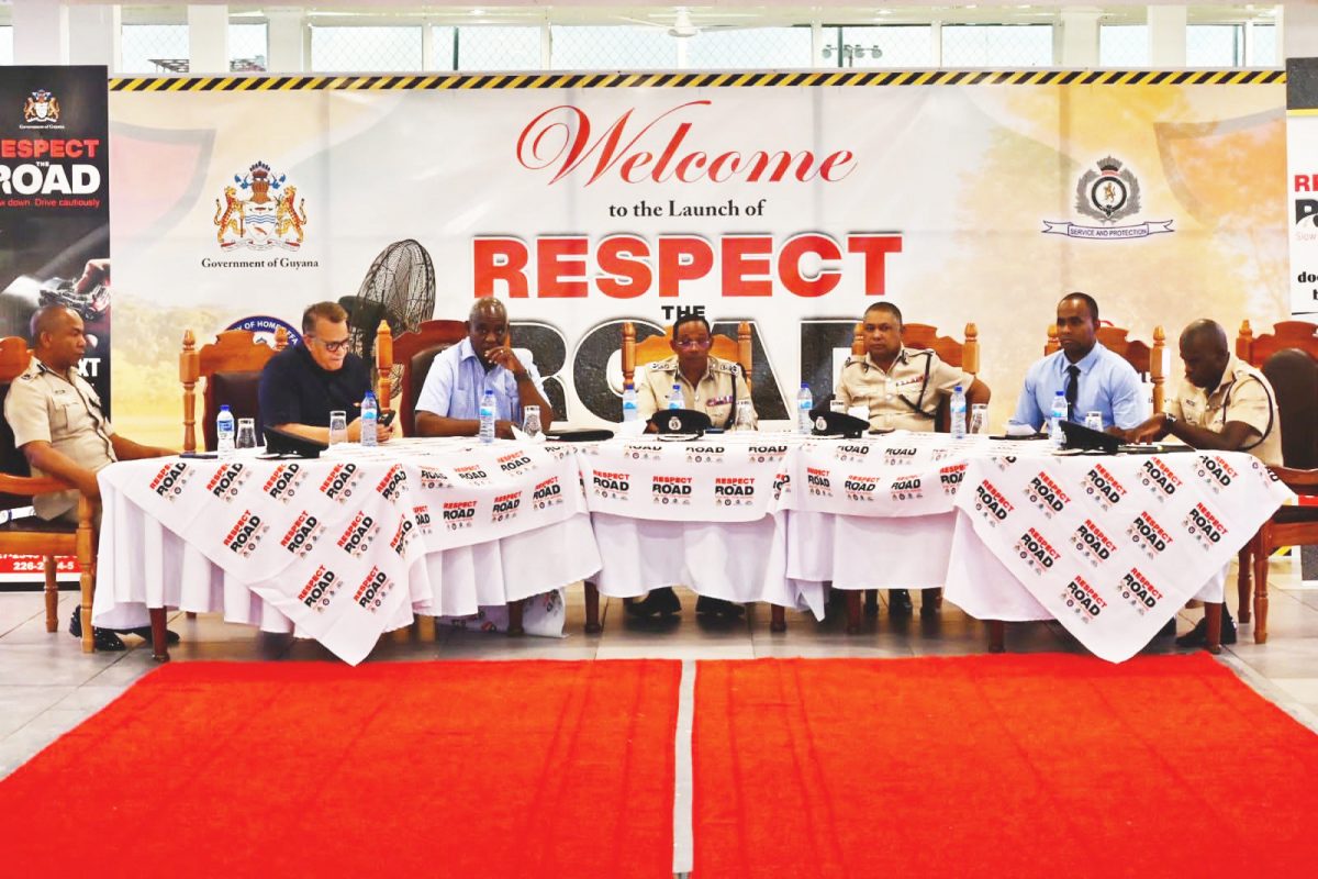 Minister of Home Affairs Robeson Benn (third from left), Commissioner of Police, Clifton Hicken (centre), Traffic Chief, Dennis Stephen (right), Crime Chief, Wendell Blanhum (second from right) among others at the road safety campaign launch at the Police Officer’s Mess Annex, Eve Leary, Georgetown. 