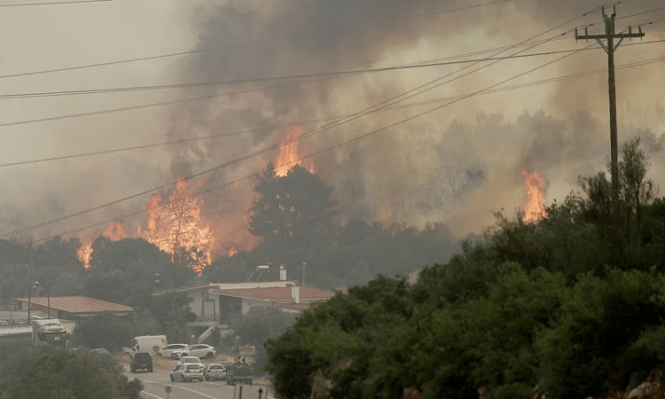 A wildfire burns near the village of Agios Sotira, west of Athens, Greece, July 20, 2023. Photo via Reuters.