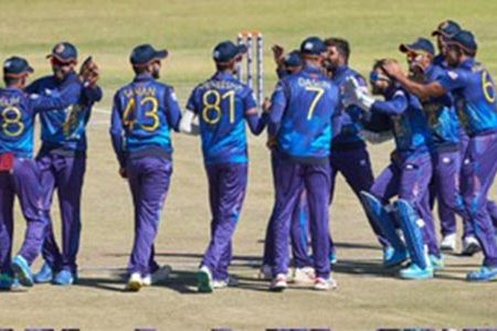Sri Lanka players celebrate a wicket during the ICC Men’s Cricket World Cup Qualifier Zimbabwe 2023 final match between Sri Lanka and Netherlands (AFP) 