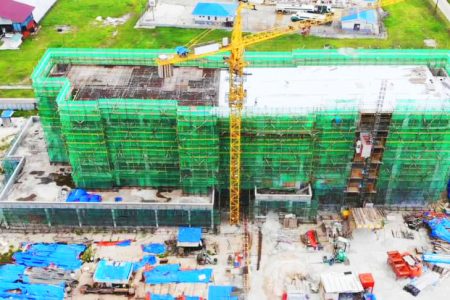  Work on the superstructure of the Courtyard by Marriott Hotel at Timehri, East Bank Demerara, is set to be completed by next week. The 140-room hotel, close to the Cheddi Jagan International Airport (CJIA), is expected to be opened by the first quarter of 2024. (Ministry of Tourism photo)
