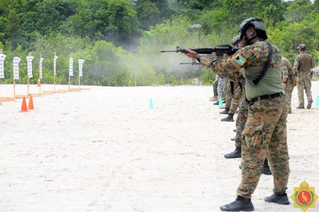  As EXERCISE TRADEWINDS 2023 moves smoothly apace, teams of Special Forces Ranks from several participating militaries were exposed to Basic and Advanced Weapons training aimed at sharpening their marksmanship skills.  A release from the Guyana Defence Force said that the day’s activities saw ranks from St Lucia, the Dominican Republic, Belize and The Bahamas going through a series of weapons training at the Timehri Small Bore Range, Base Camp Stephenson, Timehri.  (Guyana Defence Force photo)