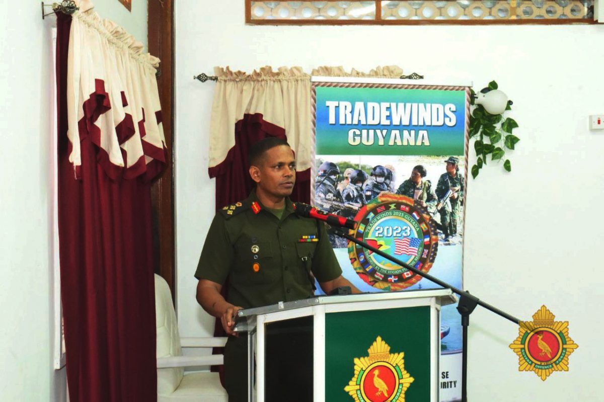 Chief of Staff of the GDF, Brigadier Omar Khan
speaking on Exercise Tradewinds 2023 (GDF photo)