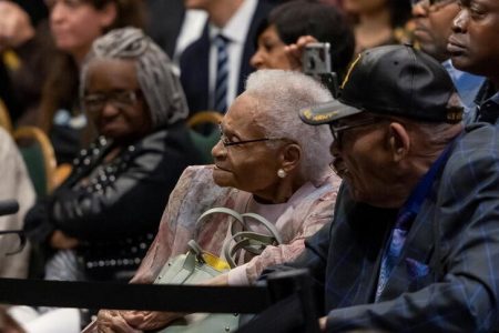 Survivors and siblings Viola Fletcher and Hughes Van Ellis listen as U.S. President Joe Biden delivers remarks on the centennial anniversary of the Tulsa race massacre during a visit to the Greenwood Cultural Center in Tulsa, Oklahoma, U.S., June 1, 2021. REUTERS/Carlos Barria 