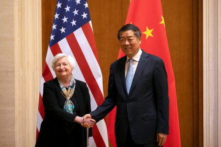 U.S. Treasury Secretary Janet Yellen, left, shakes hands with Chinese Vice Premier He Lifeng during a meeting at the Diaoyutai State Guesthouse in Beijing, China, Saturday, July 8, 2023. Mark Schiefelbein/Pool via REUTERS