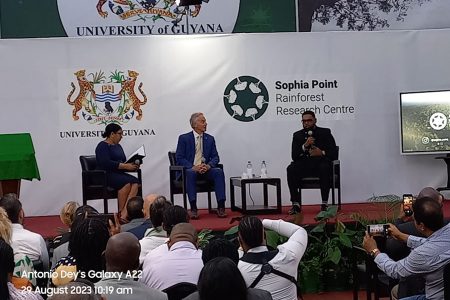 From right are President Irfaan Ali, former British Prime Minister Tony Blair and UG Vice Chancellor Paloma Mohamed Martin 