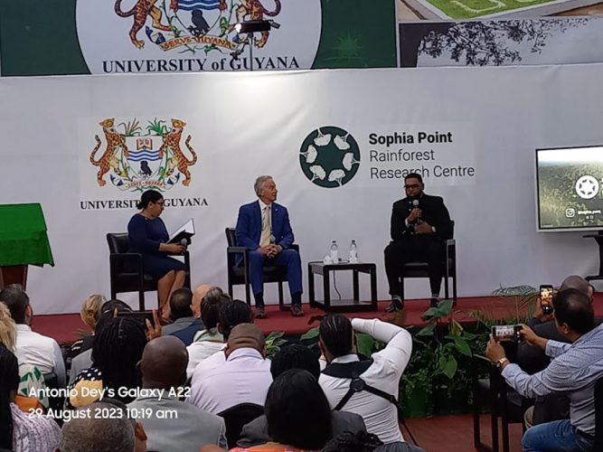 From right are President Irfaan Ali, former British Prime Minister Tony Blair and UG Vice Chancellor Paloma Mohamed Martin 