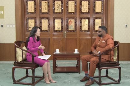 President Irfaan Ali during the interview with CGTN’s Dong Xue