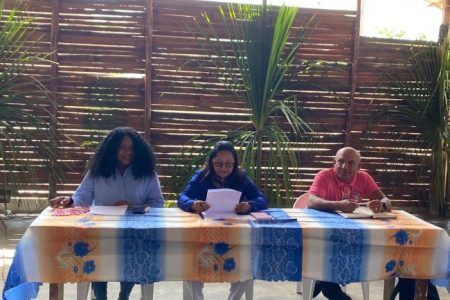 Consultations on the Amerindian Act began yesterday in St Cuthbert’s Mission. Minister of Amerindian Affairs Pauline Sukhai is at centre. (DPI photo)
