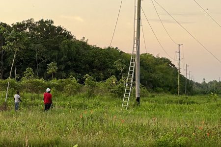 GPL technicians working on the damaged transmission line in Friendship