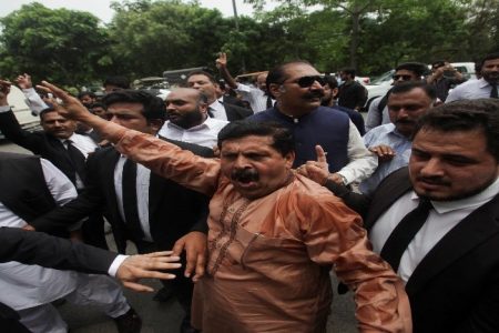 Lawyers gather to protest following the arrest of Pakistan’s former Prime Minister Imran Khan, outside his residence in Lahore, Pakistan August 5, 2023. (Reuters photo)
