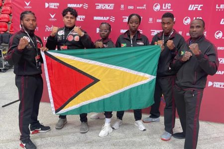 Team Guyana arrived in Colombia to compete at the prestigious Pan American Championships. The team comprises [from left to right] Captain Corwin D’Anjou, Christopher James [heavyweight], Anevia Frank [bantamweight, Shenese Bobb [lightweight], Ijaz Cave, and coach Troy Bobb