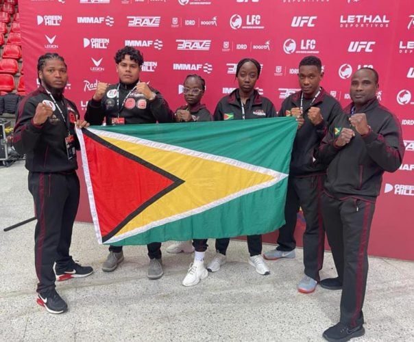 Team Guyana arrived in Colombia to compete at the prestigious Pan American Championships. The team comprises [from left to right] Captain Corwin D’Anjou, Christopher James [heavyweight], Anevia Frank [bantamweight, Shenese Bobb [lightweight], Ijaz Cave, and coach Troy Bobb