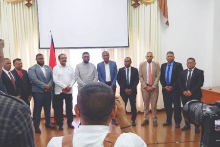 Some of the newly-elected mayors in a group photo with President Irfaan Ali (fifth from left) 