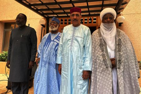 From left; President of the ECOWAS Commission, Mousa Tourey, ECOWAS Special Envoy to Republic of Niger, General Abdulsalami Abubakar, Niger ousted President Mohamed Bazoum and Sultan of Sokoto Alhaji Muhammad Saad Abubakar III, pose in Niamey, Niger, Saturday, Aug. 19, 2023. The delegation from regional nations came to Niger in a last-ditch diplomacy effort to reach a peaceful solution with mutinous soldiers who ousted the country’s president last month. (AP Photo)