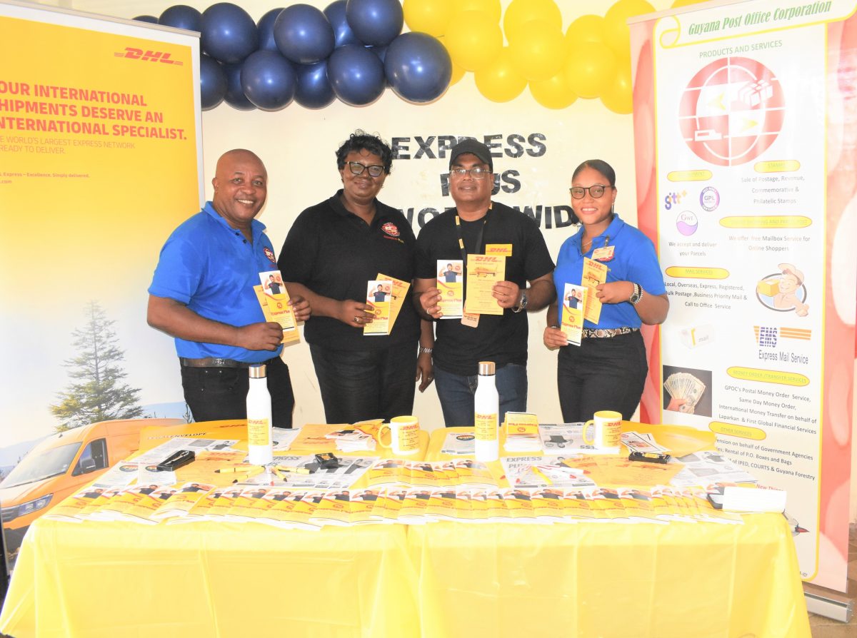 From left are GPO’s Business Development Manager, Kenneth Scrubb; Postmaster General,  Karen Brown; DHL’s Berbice Operations Manager,  Alvin Ramnarine and Postmaster of Anna Regina Post Office, Andria Bailey.

(GPOC photo)