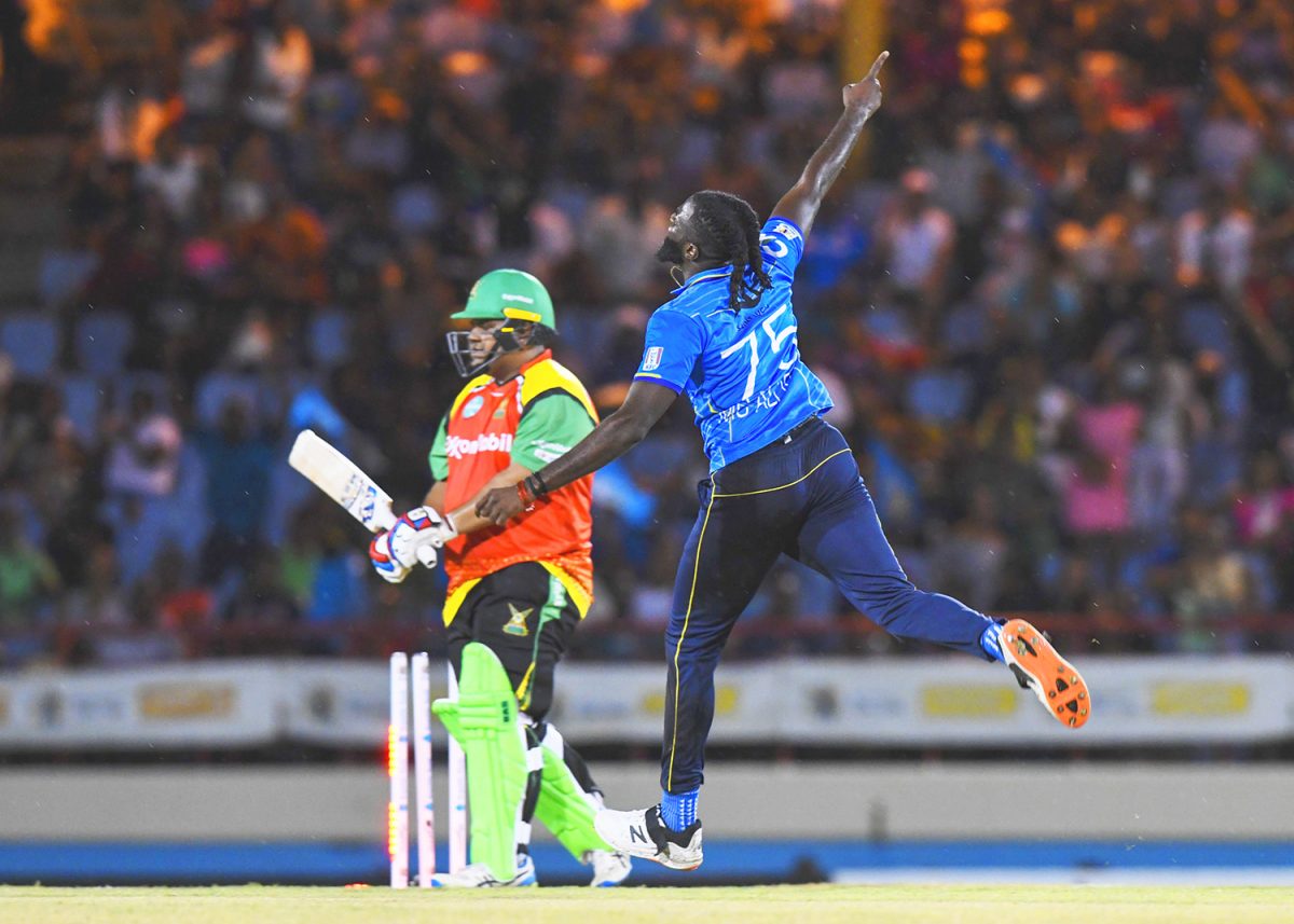 Azam Khan is dismissed off the last ball of the fifth over by Jair Mc Callister. (Photo Credit: CPL via Getty Images.)

