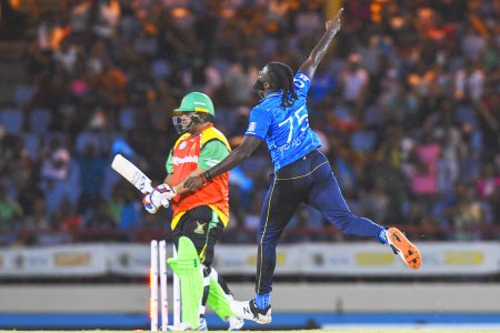 Azam Khan is dismissed off the last ball of the fifth over by Jair Mc Callister. (Photo Credit: CPL via Getty Images.)
