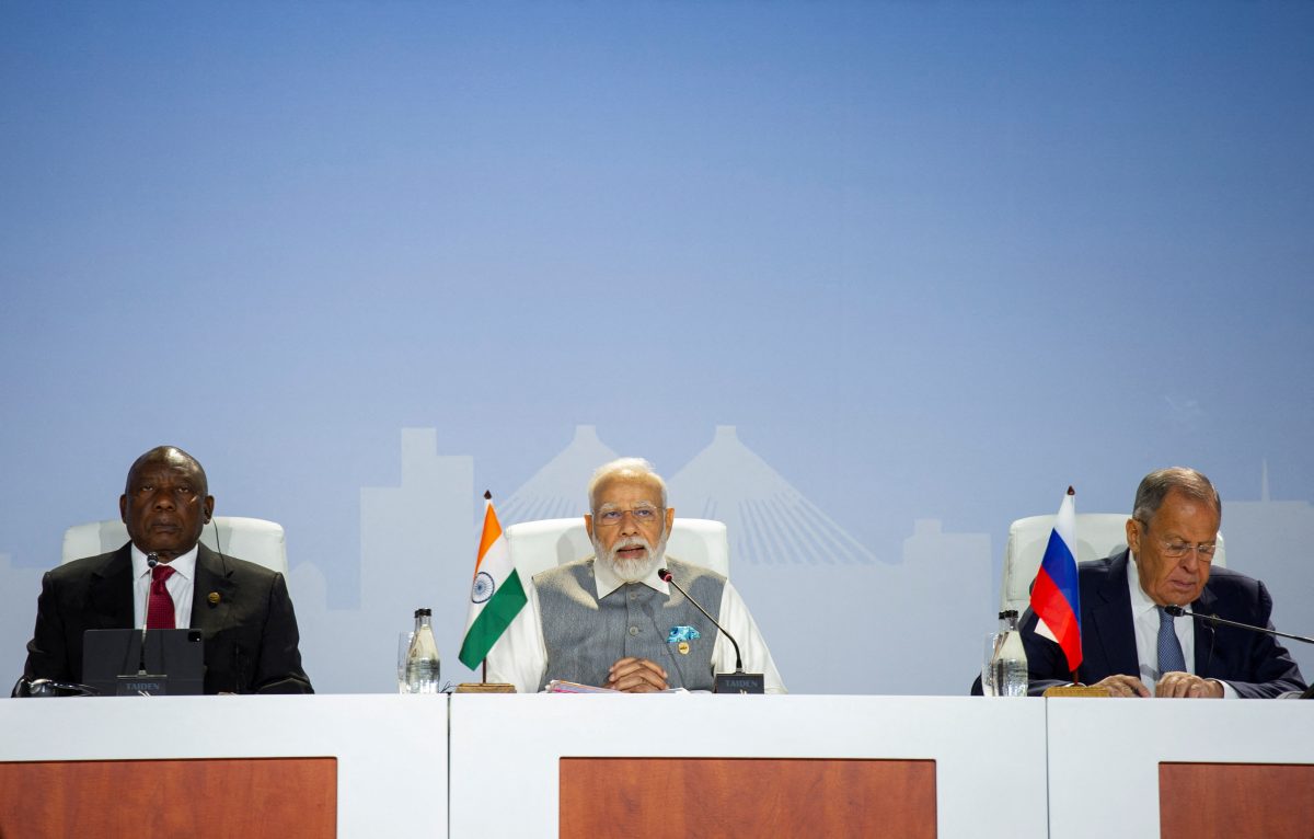 South Africa's President Cyril Ramaphosa, India's Prime Minister Narendra Modi and Russia's Foreign Minister Sergei Lavrov attend a press conference as the BRICS Summit is held in Johannesburg, South Africa August 24, 2023. REUTERS/Alet Pretorius