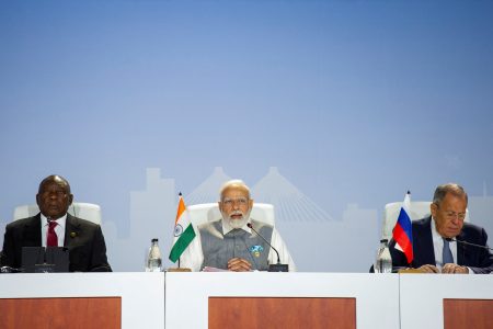 South Africa's President Cyril Ramaphosa, India's Prime Minister Narendra Modi and Russia's Foreign Minister Sergei Lavrov attend a press conference as the BRICS Summit is held in Johannesburg, South Africa August 24, 2023. REUTERS/Alet Pretorius