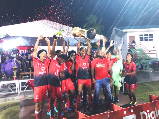 Carmel Secondary in celebratory mood after winning the 8th edition of the Digicel Schools Football Championship 