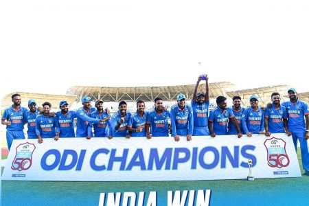 CHAMPIONS INDEED! The Indian team bask in the euphoria of their 2-1 series triuph after the third ODI in Trinidad and Tobago yesterday.