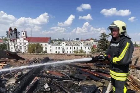 A Russian missile has struck a central square in the historic northern Ukrainian city of Chernihiv. (AP PHOTO)