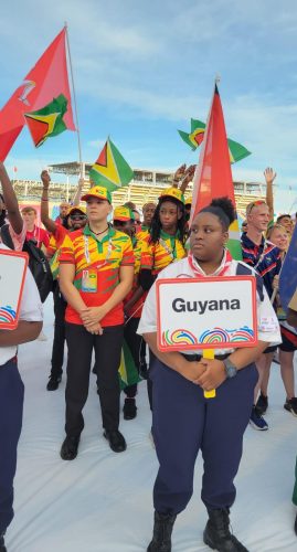 Team Guyana’s delegation at the opening ceremony yesterday for the seventh edition of the Commonwealth Youth Games being hosted in Trinidad and Tobago. 
