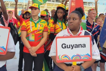 Team Guyana’s delegation at the opening ceremony yesterday for the seventh edition of the Commonwealth Youth Games being hosted in Trinidad and Tobago. 
